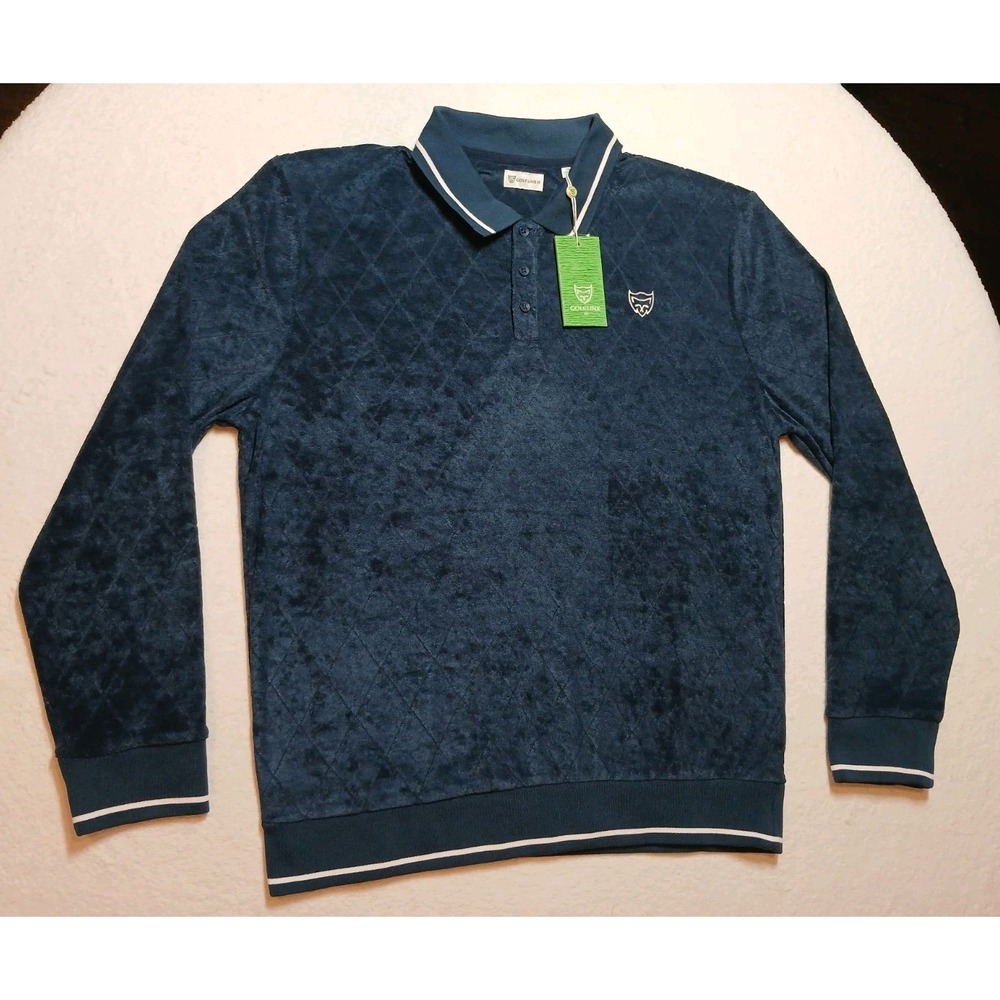 Golf Linx 18 Terry Polo Shirt Mens XL Midnight Blue Diamond Pattern L/S NWT $95